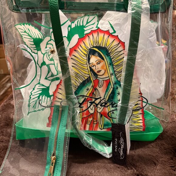Ed Hardy Graphic Green Virgin Mary Clear Tote Bag NWT - Picture 2 of 3